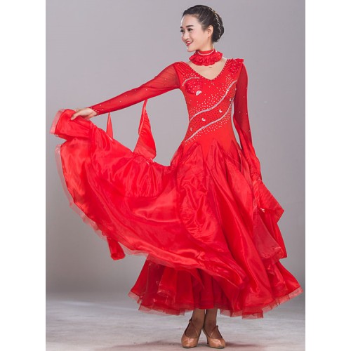 Wine red turquoise royal blue red hot pink long length standard women's female competition ballroom tango waltz dancing dresses